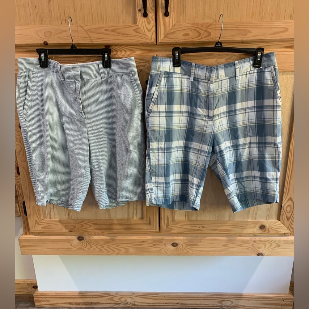 L.L. Bean Women's Blue Plaid & Stripes Seersucker Bermuda Favorite Fit Shorts 12